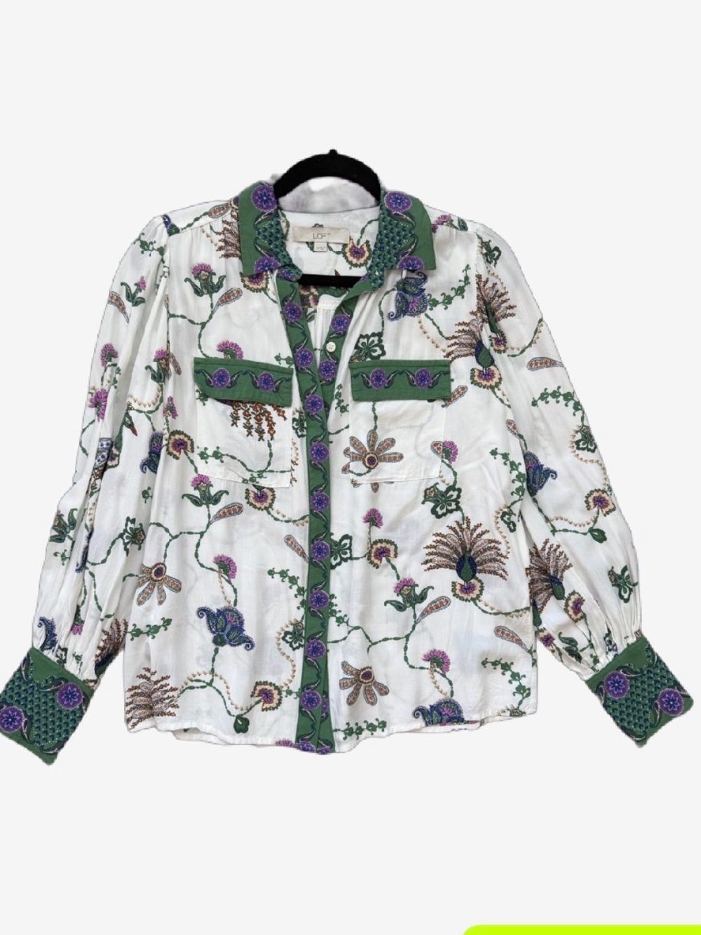 LOFT White Floral Button-Front Blouse with Green Print Trim